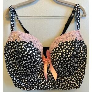 Cacique 44H Bra Corset Black Pink Hearts Sexy Solutions Lightly Lined Underwire